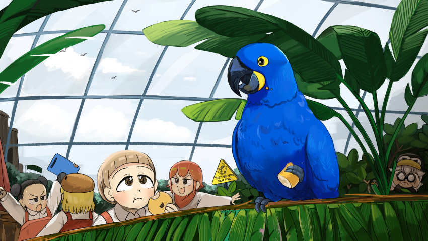 5girls, :d, :o, absurdres, binoculars, bird, black_hair, blonde_hair