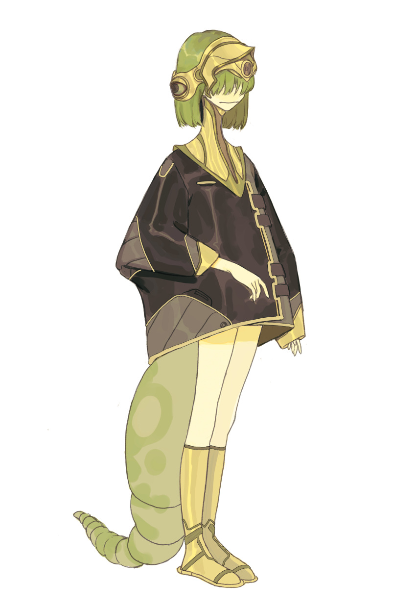 1girl, absurdres, al3x_alex, closed_mouth, covered_eyes, full_body, green_hair, green_tail, highres, monster_girl, original, simple_background, solo, standing, tail, white_background, yellow_footwear