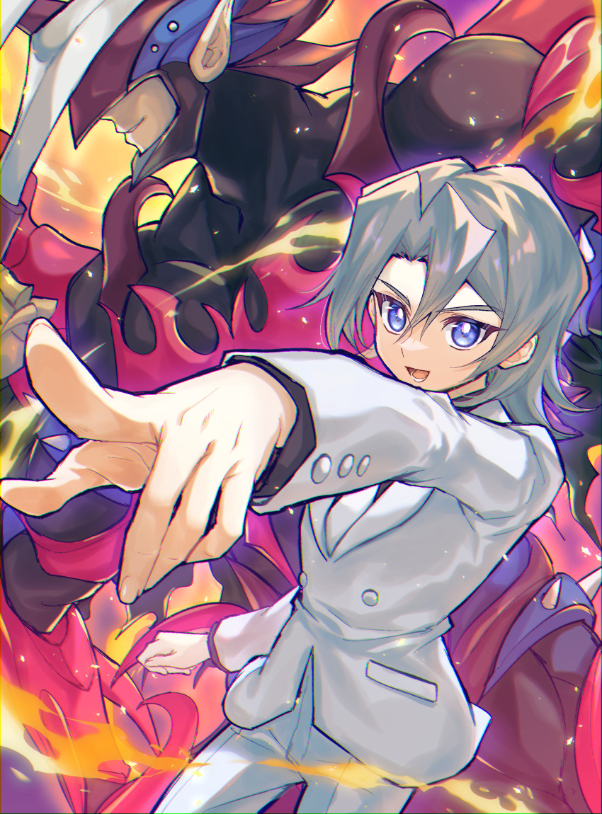 2boys, absurdres, blue_eyes, cowboy_shot, destiny_hero_-_destroyer_phoenix_enforcer, duel_monster, edo_phoenix, fire