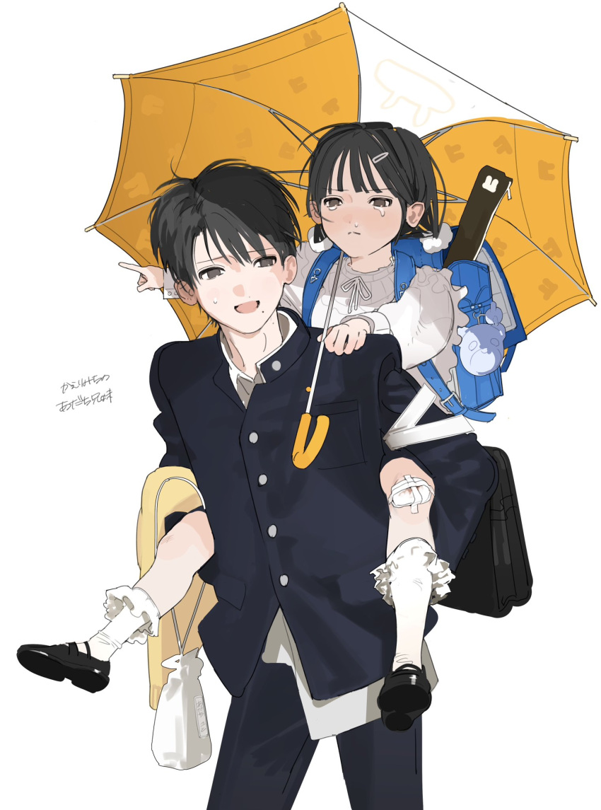 1boy, 1girl, adachi_koto_(junro), age_difference, backpack, bag, bandaid, bandaid_on_leg