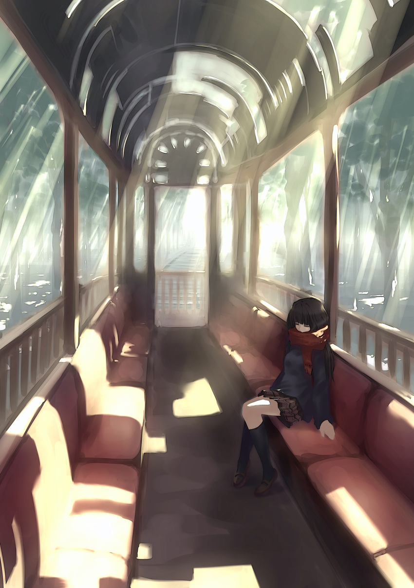 arch, bench, black_hair, closed_eyes, eyes_closed, garuku, highres, long_hair