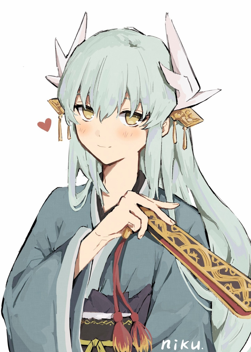 1girl, aqua_hair, aqua_kimono, blush, dragon_girl, dragon_horns, fate/grand_order, fate_(series), fgo_si, hair_between_eyes, hand_fan, heart, highres, horns, japanese_clothes, kimono, kiyohime_(fate), long_hair, looking_at_viewer, multiple_horns, obi, sash, smile, solo, yellow_eyes