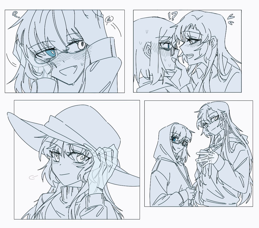 !?, 2girls, blue_eyes, blush, closed_mouth, commentary_request, ear_blush, fang, glasses, greyscale, hand_on_another's_face, hat, heart, heterochromia, hood, hood_up, hoodie, invisible_limb, kamikoshi_sorawo, long_hair, monochrome, multiple_girls, nishina_toriko, open_mouth, short_hair, smile, spot_color, unhappyliz, urasekai_picnic, yuri