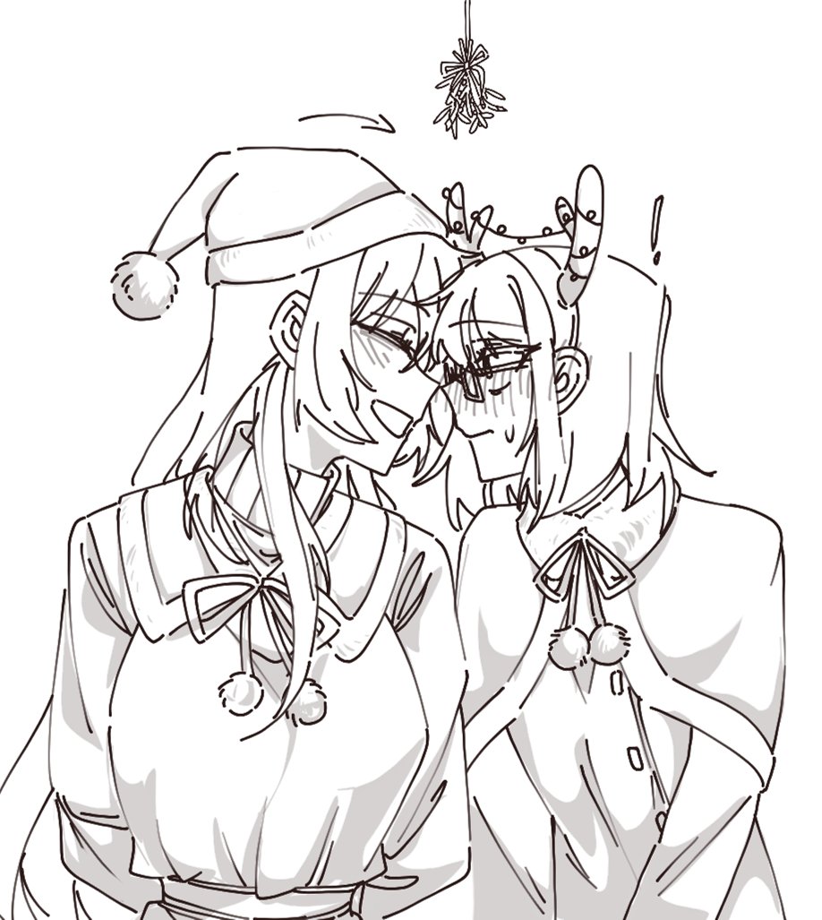 2girls, antlers, blush, capelet, chinese_commentary, christmas, closed_eyes, closed_mouth, commentary_request, forehead-to-forehead, greyscale, hat, heads_together, horns, kamikoshi_sorawo, mistletoe, monochrome, multiple_girls, nishina_toriko, noses_touching, reindeer_antlers, santa_hat, short_hair, smile, unhappyliz, upper_body, urasekai_picnic, yuri