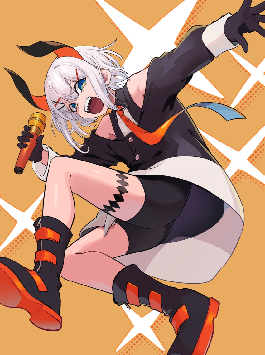 1girl, bike_shorts, black_gloves, black_horns, blue_necktie, boots, full_body, gloves