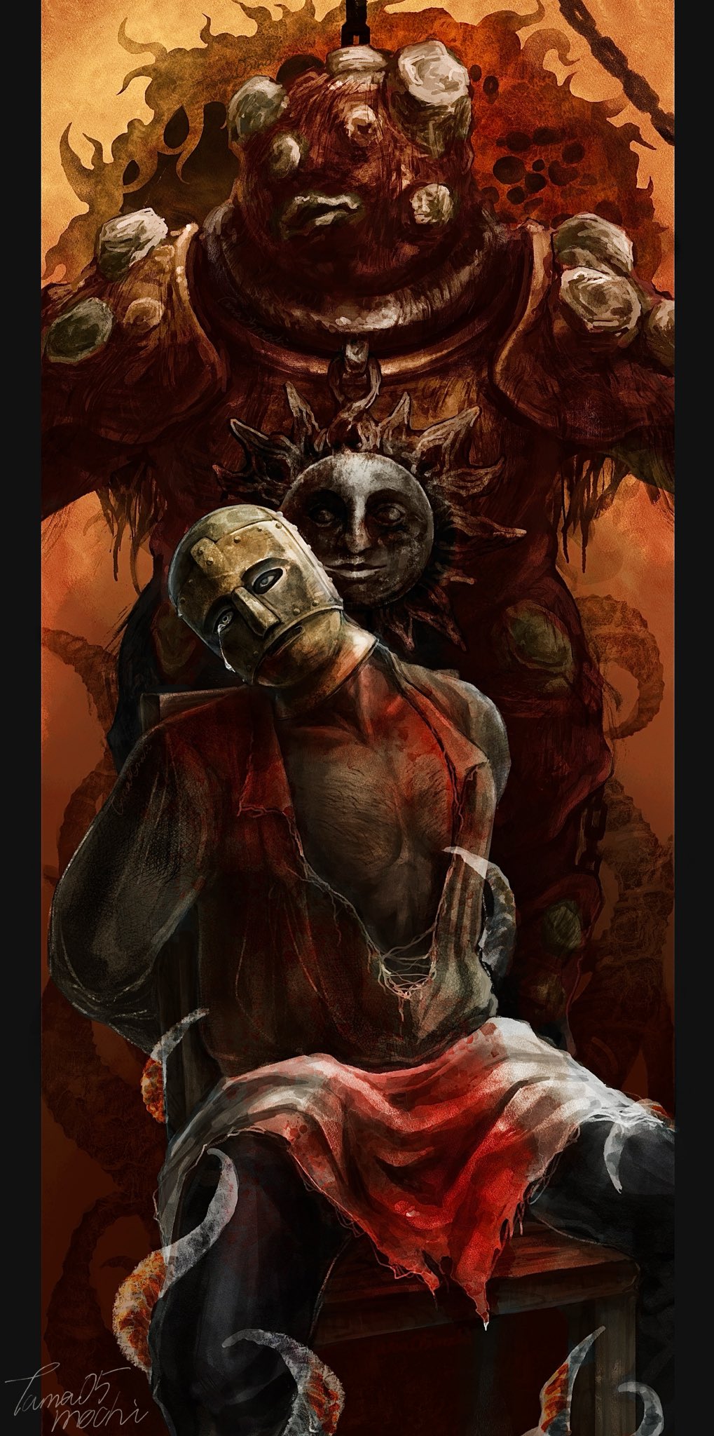 2boys, armor, artist_name, blackguard_big_boggart, bound, chain, chair, chest_hair, commentary, crying, dung_eater_(elden_ring), elden_ring, full_armor, helm, helmet, highres, horned_armor, horns, multiple_boys, on_chair, pauldrons, severed_horn, shoulder_armor, signature, sitting, spiked_armor, sun_symbol, tama05mochi, tears, tied_up_(nonsexual), wooden_chair