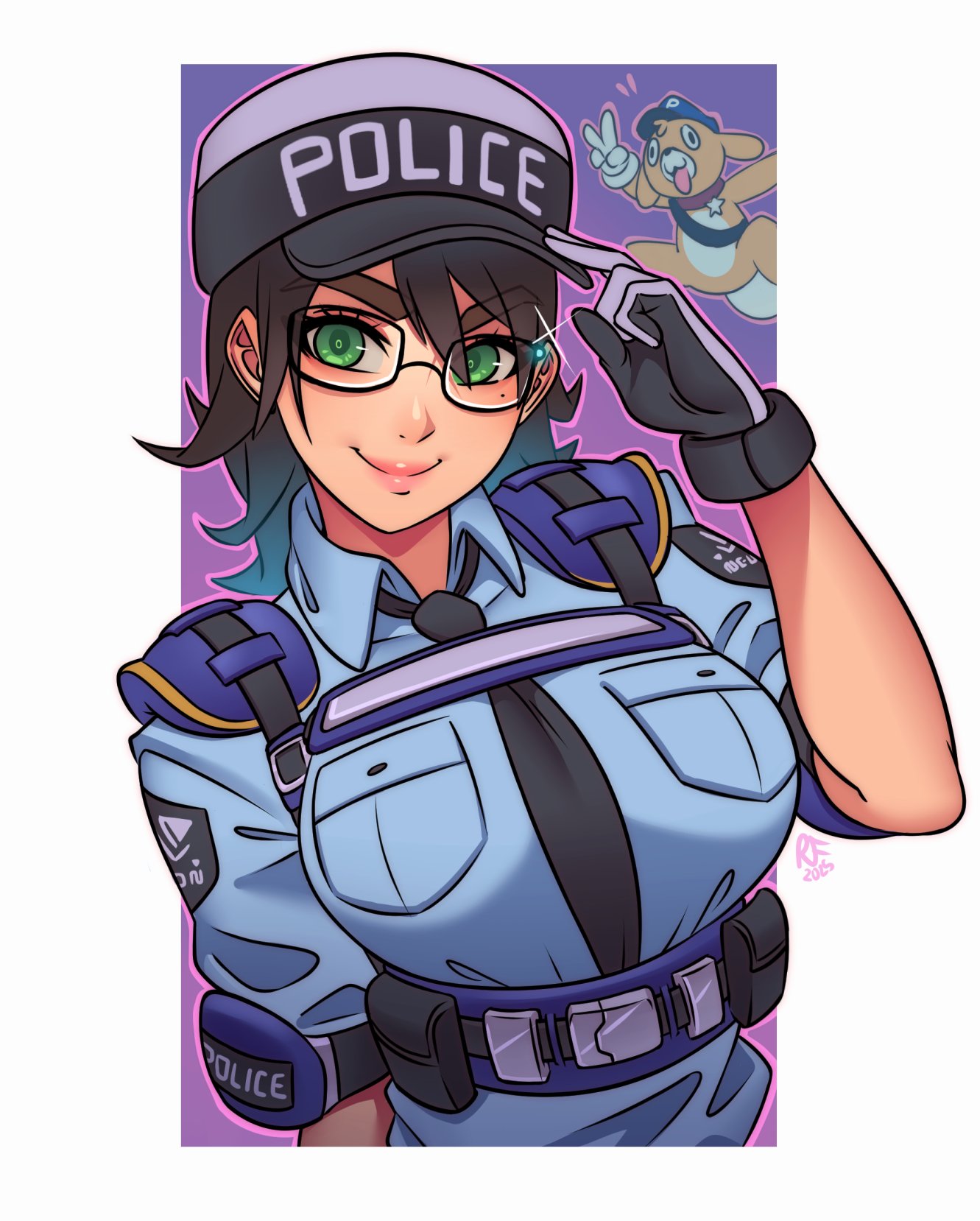 1girl, astral_chain, black-framed_eyewear, black_gloves, black_necktie, blue_shirt, blush, breasts