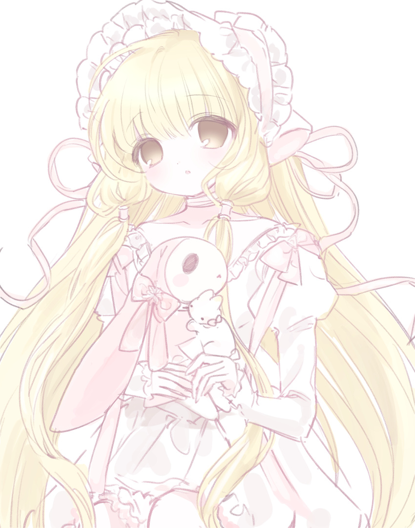1girl, atashi_(chobits), blonde_hair, bonnet, brown_eyes, chii, chobits, choker
