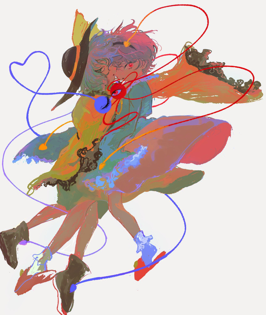 2girls, bad_id, bad_twitter_id, black_footwear, black_hairband, blue_shirt, boots, commentary, eyeball, frilled_sleeves, frills, full_body, green_eyes, green_hair, green_skirt, hairband, hat, heart, heart_of_string, highres, inactive_account, kinuc, komeiji_koishi, komeiji_satori, long_sleeves, looking_at_viewer, multiple_girls, pink_hair, pink_skirt, purple_hair, shirt, short_hair, siblings, simple_background, sisters, skirt, slippers, socks, standing, symbol-only_commentary, third_eye, touhou, white_socks, wide_sleeves, yellow_shirt