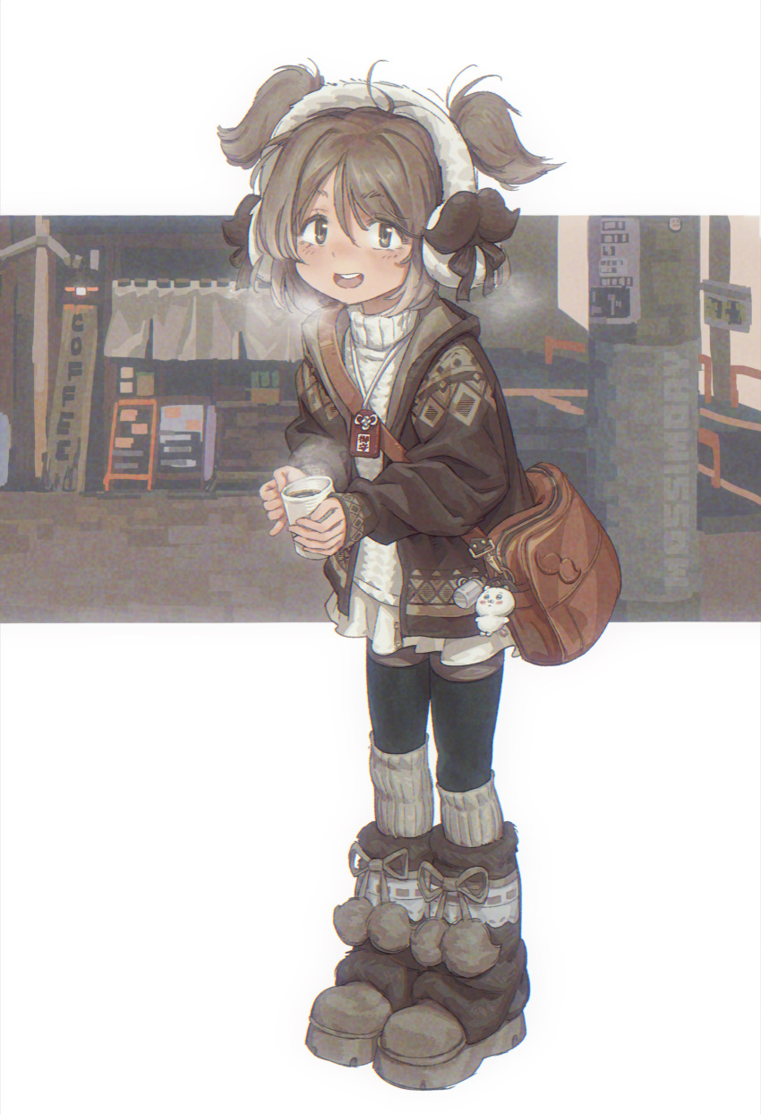 1girl, absurdres, artist_name, bag, boots, border, chiikawa_(character), coffee