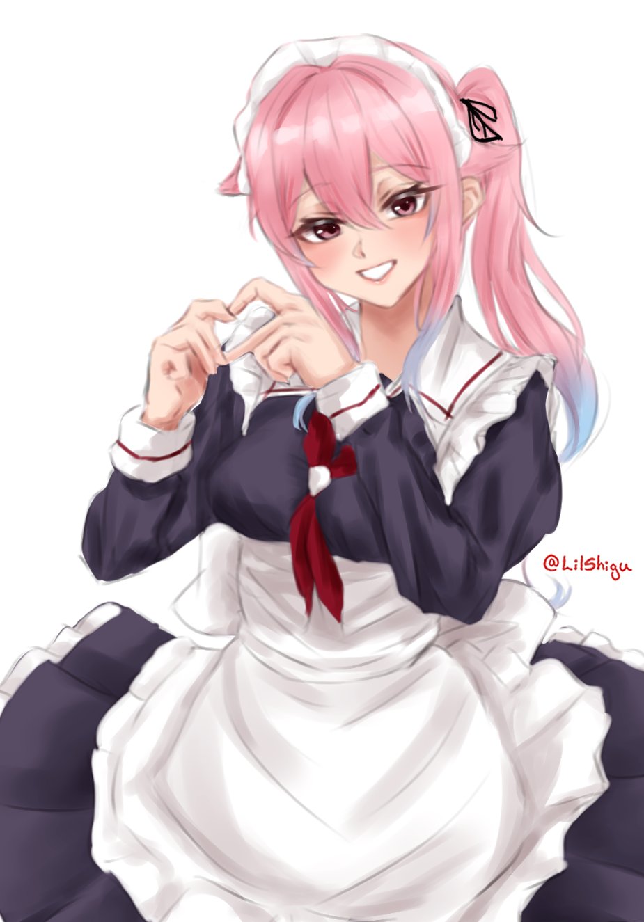 1girl, 4-finger_heart_hands, adapted_costume, apron, black_dress, blue_hair, cowboy_shot, dress
