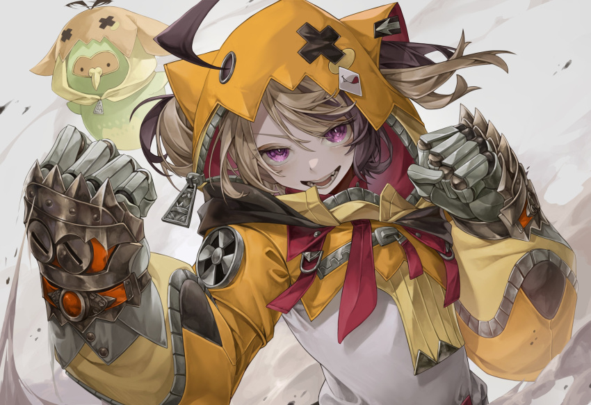 1girl, absurdres, ahoge, animal_hood, brown_hair, cat_hood, commentary, gauntlets