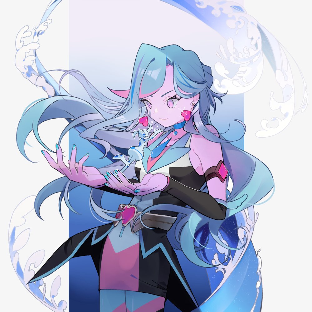 1girl, 1other, alternate_form, aqua_(yu-gi-oh!_vrains), armband, bare_shoulders, belt, black_arm_warmers