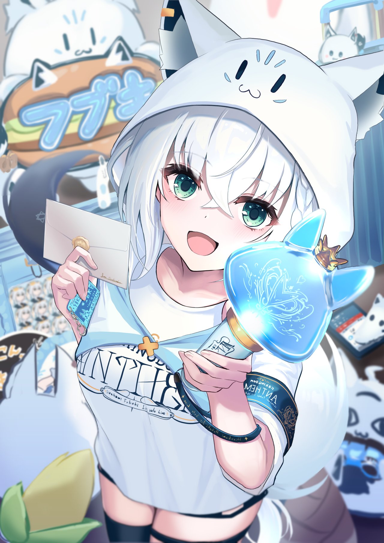 1girl, alternate_costume, animal_ear_fluff, animal_ears, animal_hood, armband, black_shorts, black_thighhighs