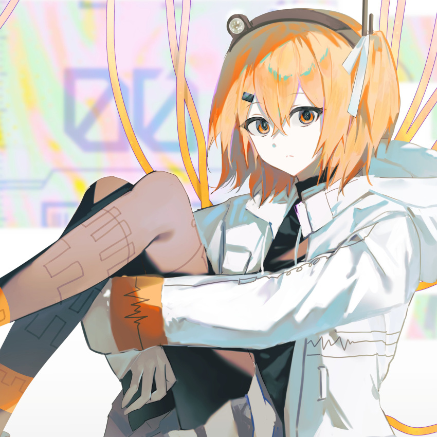 1girl, 7731nm, a.i._voice, absurdres, adachi_rei, black_pantyhose, black_shirt, closed_mouth, gloves, grey_skirt, hair_between_eyes, hair_ornament, hair_ribbon, hairclip, hashtag-only_commentary, headlamp, highres, hugging_own_legs, jacket, long_sleeves, looking_at_viewer, open_clothes, open_jacket, orange_eyes, pantyhose, radio_antenna, ribbon, shirt, side_ponytail, skirt, solo, utau, white_gloves, white_jacket, white_ribbon