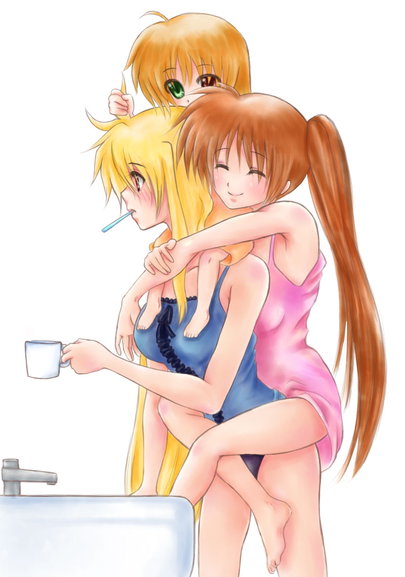barefoot, blonde_hair, blush, brown_hair, fate_testarossa, heterochromia, hug, long_hair, lyrical_nanoha, mahou_shoujo_lyrical_nanoha, mahou_shoujo_lyrical_nanoha_strikers, mahou_shoujo_lyrical_nanoha_vivid, multiple_girls, panties, side_ponytail, smile, takamachi_nanoha, toothbrush, underwear, very_long_hair, vivio, watercolormark, yuri