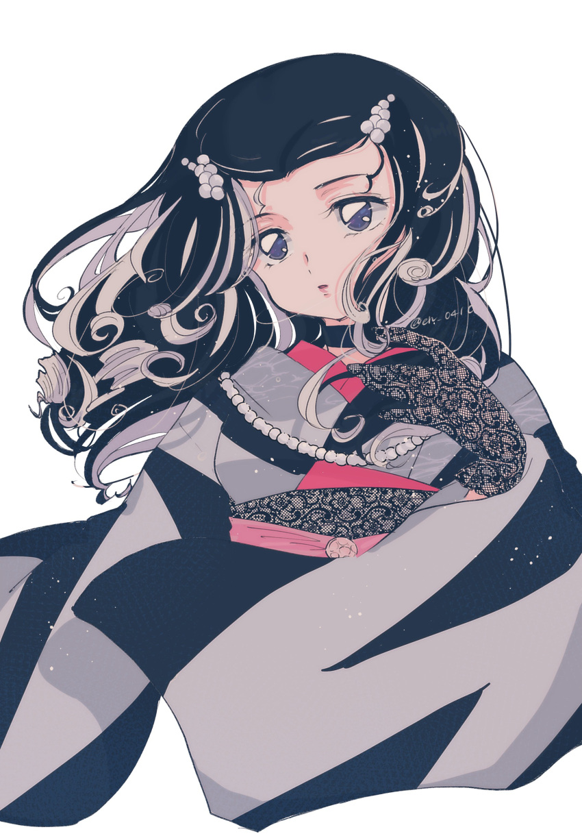 1girl, absurdres, artist_name, black_choker, black_gloves, black_hair, black_kimono, choker