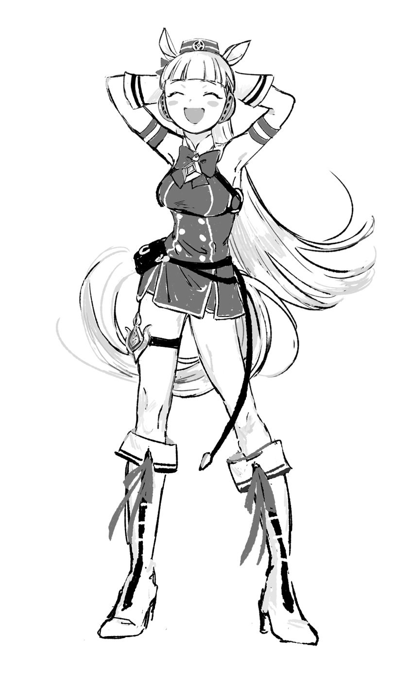 1girl, :d, animal_ears, armpits, arms_behind_head, arms_up, bad_id, bad_twitter_id