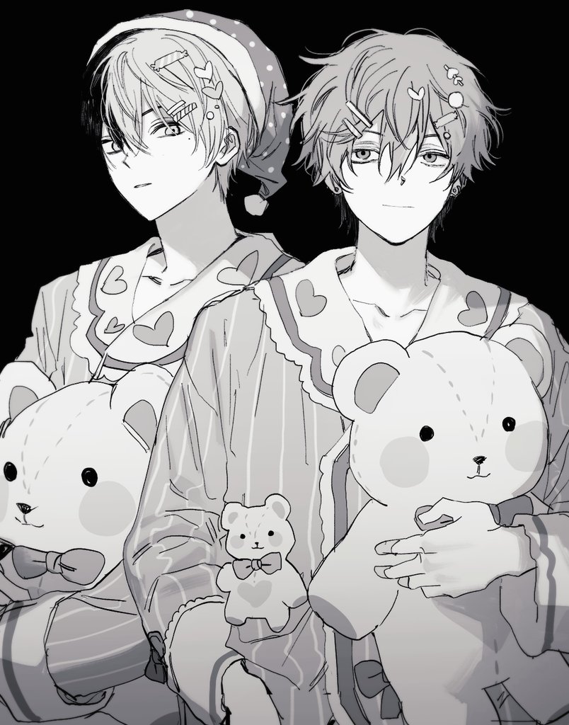 2boys, aoyagi_touya, black_background, closed_mouth, goguma_wagamja, greyscale, hair_ornament, hairpin