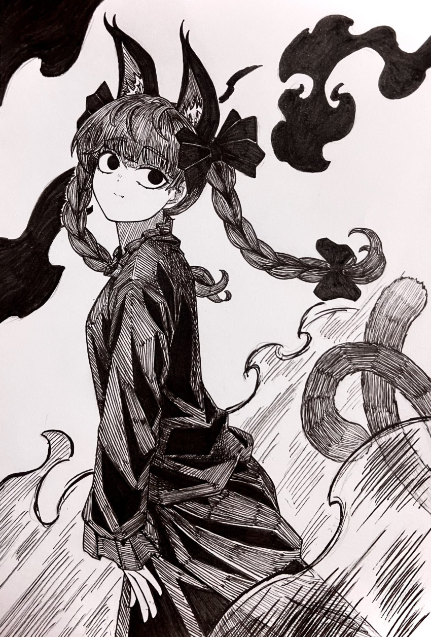 1girl, agaribito_snail, animal_ear_fluff, animal_ears, blunt_bangs, bow, braid, cat_ears