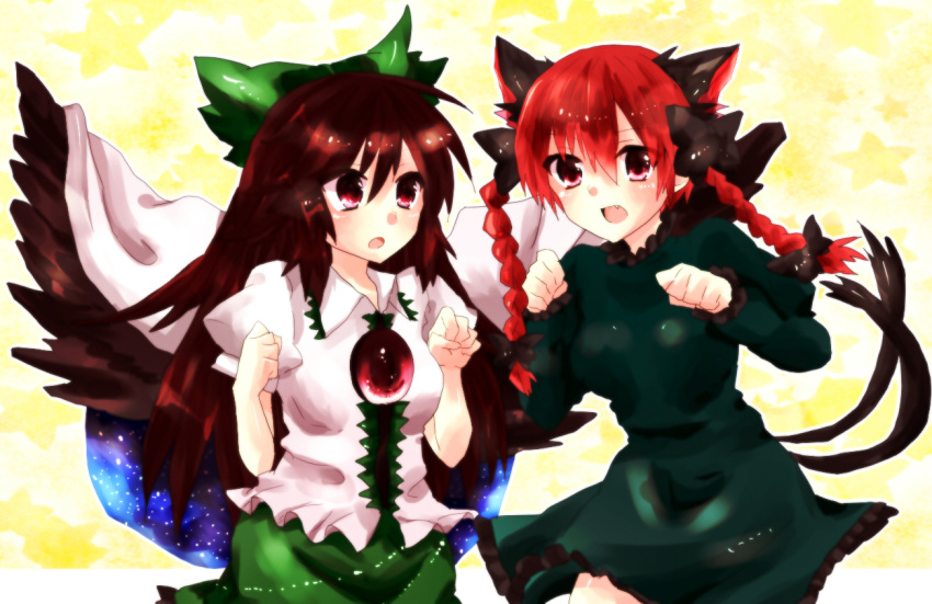 kaenbyou_rin, long_hair, multiple_girls, reiuji_utsuho, riiu, touhou