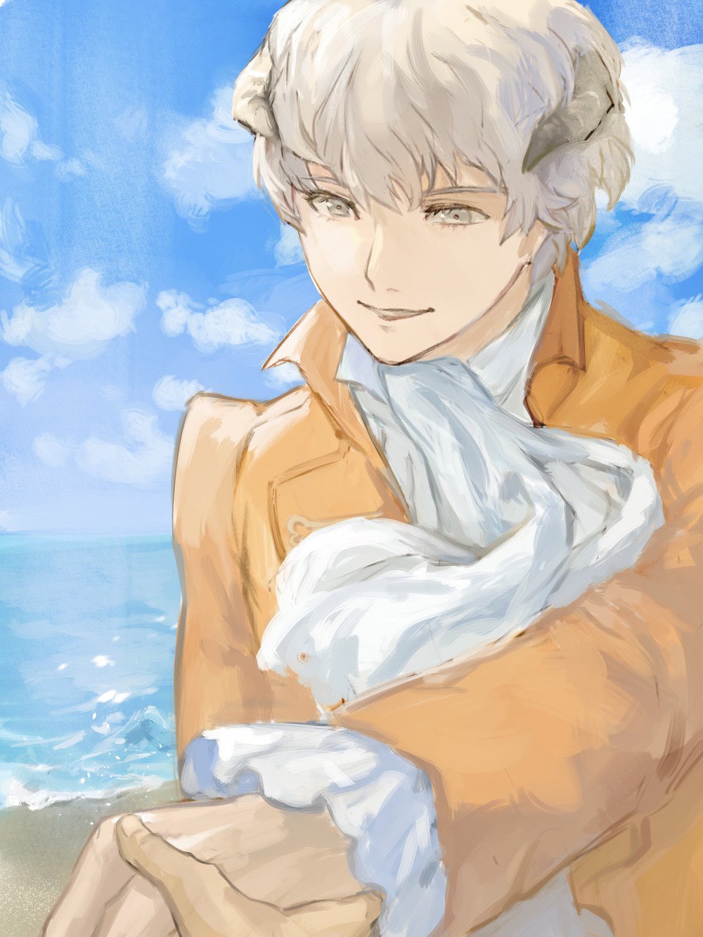 2boys, ascot, beach, clouds, coat, collared_coat, frilled_sleeves, frills
