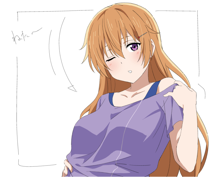 1girl, arrow_(symbol), breasts, brown_hair, collarbone, hair_ornament, hairpin, hand_on_own_shoulder