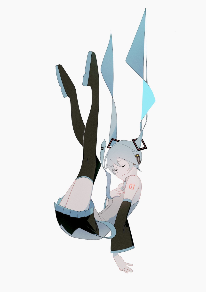 1girl, aqua_hair, aqua_necktie, bare_shoulders, black_footwear, black_skirt, boots, closed_eyes