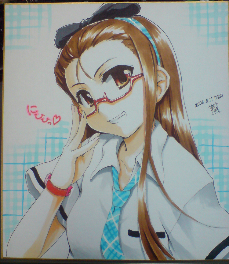 1girl, bangs_pinned_back, bespectacled, brown_hair, collared_shirt, glasses, hairband, idolmaster, idolmaster_(classic), idolmaster_1, long_hair, looking_at_viewer, minase_iori, necktie, photo_(medium), red-framed_eyewear, red_eyes, rough_time_school_(idolmaster), school_uniform, semi-rimless_eyewear, shikishi, shirt, smile, solo, traditional_media, upper_body, zanzi
