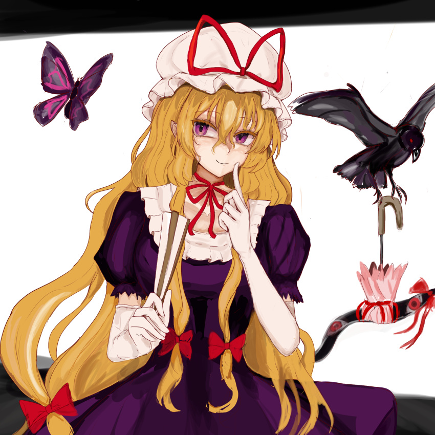 1girl, 83mkneinlsqmebq, bird, blonde_hair, bug, butterfly, crow, dress