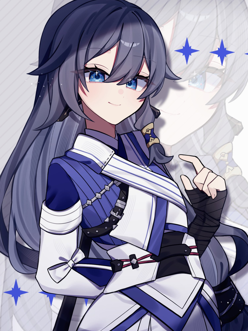 1girl, arm_behind_back, bandaged_hand, bandages, birthday, blue_eyes, chinese_clothes, closed_mouth