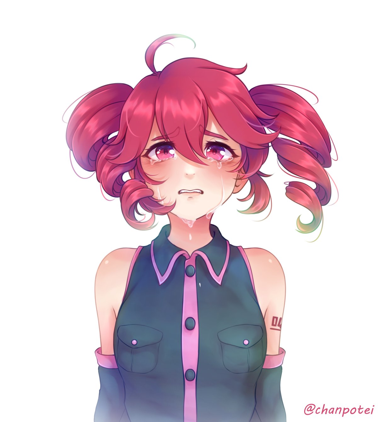 1girl, ahoge, armpit_crease, bare_shoulders, black_shirt, black_sleeve_cuffs, blush, breast_pocket