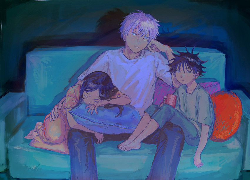 1girl, 2boys, bad_id, bad_twitter_id, black_hair, blue_eyes, blue_pants, brother_and_sister