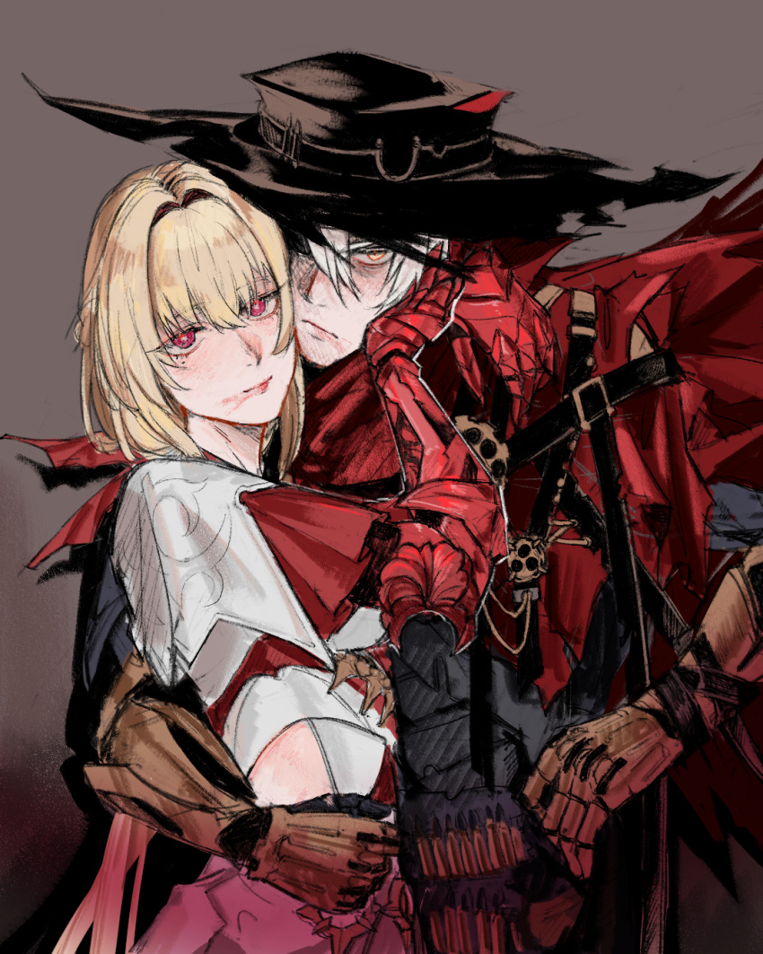 1boy, 1girl, bianca_(pgr), black_hat, blonde_hair, bruise, coat, grey_background, hair_intakes, hat, highres, injury, joints, mechanical_arms, official_alternate_costume, punishing:_gray_raven, red_coat, robot_joints, watanabe:_epitaph_(pgr), watanabe_(pgr), xiemon801