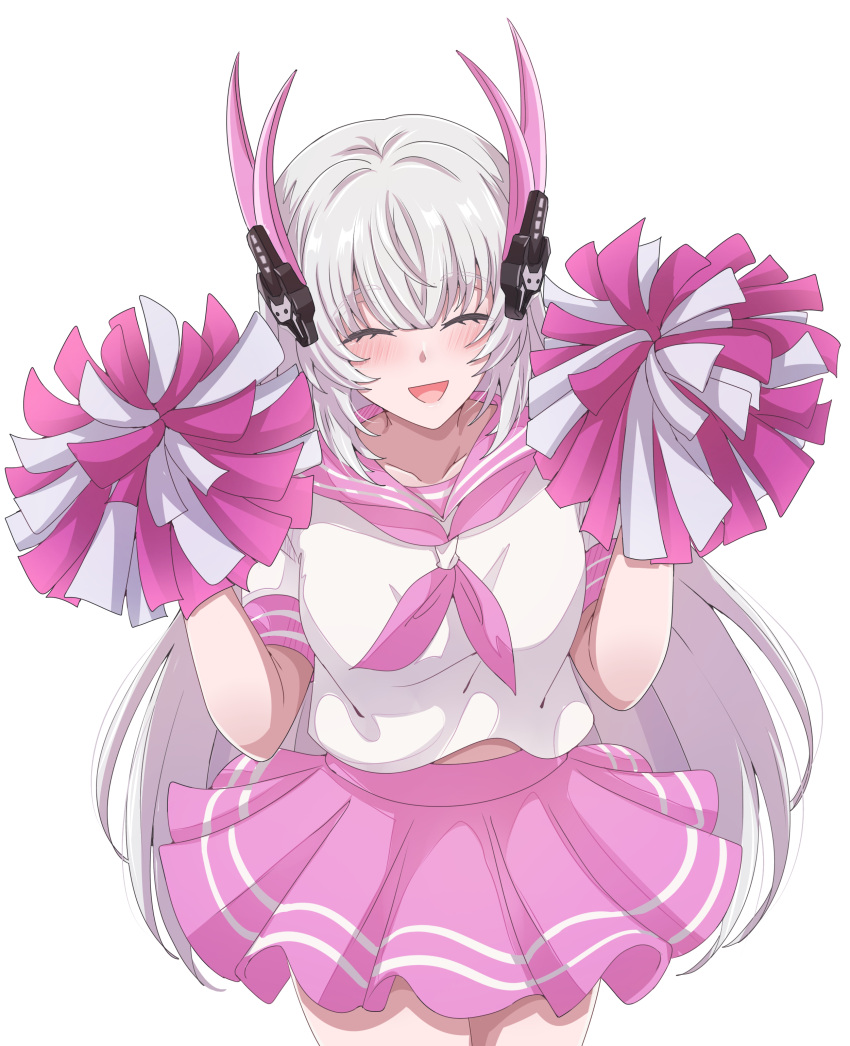1girl, absurdres, blush, cheerleader, closed_eyes, grey_hair, headgear, headphones
