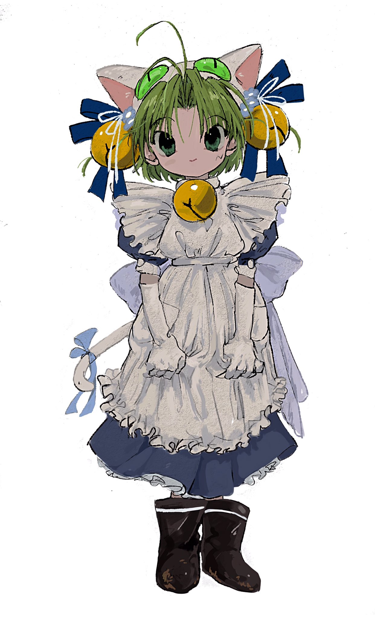 1girl, animal_ears, animal_hat, antenna_hair, apron, bad_id, bad_twitter_id, bell, black_footwear, blue_dress, boots, cat_ears, cat_hat, cat_tail, commentary_request, dejiko, di_gi_charat, dress, frilled_apron, frills, full_body, green_eyes, green_hair, hair_bell, hair_ornament, hat, highres, inactive_account, jingle_bell, kinuc, looking_at_viewer, maid, parted_bangs, short_hair, simple_background, smile, solo, standing, tail, white_apron, white_background