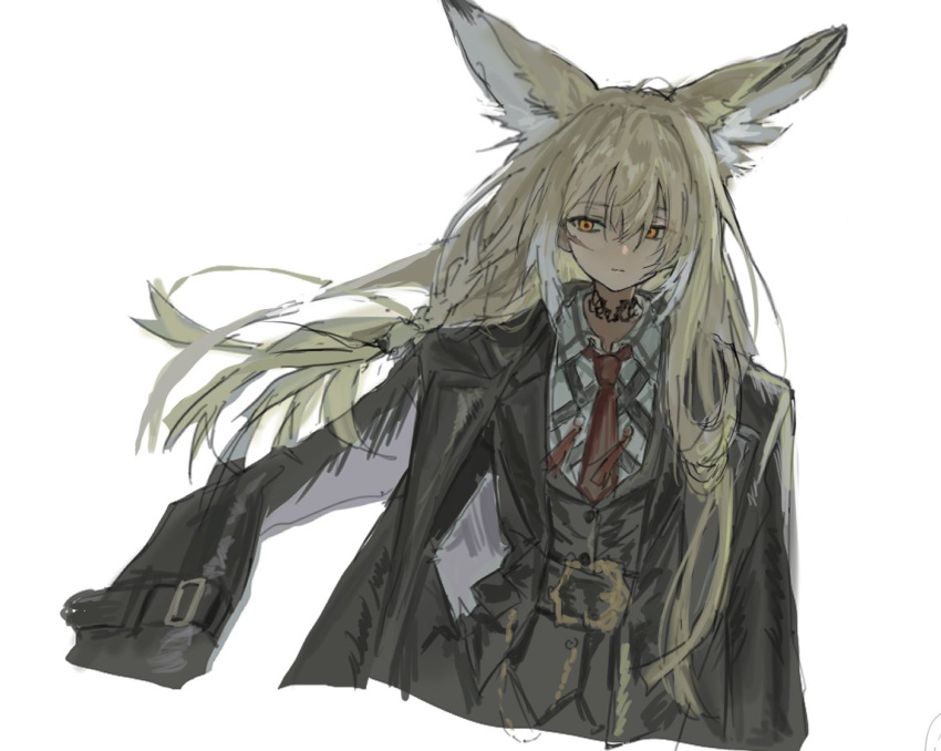 1girl, animal_ears, arknights, black_coat, black_jacket, blonde_hair, closed_mouth, coat, coat_on_shoulders, commentary_request, cropped_torso, expressionless, hair_between_eyes, jacket, korean_commentary, lnrglc, long_hair, necktie, orange_eyes, red_necktie, scar, scar_on_cheek, scar_on_face, shirt, simple_background, sketch, solo, vulpisfoglia_(arknights), white_background, white_shirt