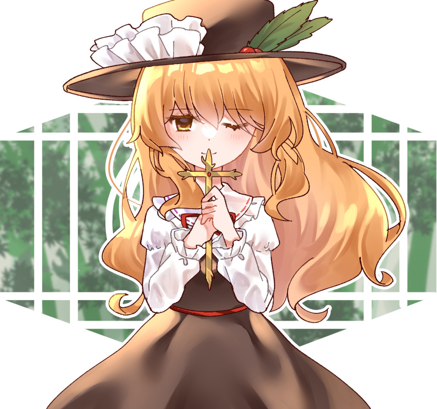1girl, blonde_hair, brown_hat, brown_skirt, brown_vest, commentary_request, cross, dolls_in_pseudo_paradise