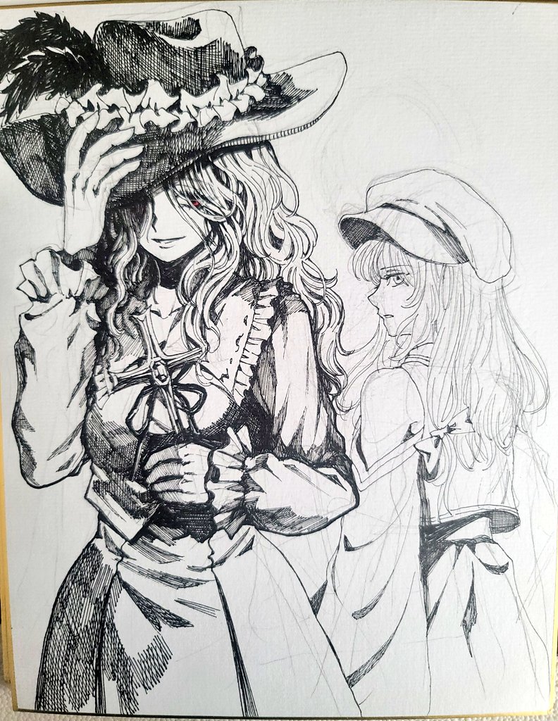 2girls, adjusting_clothes, adjusting_headwear, bare_shoulders, breasts, commentary_request, cross, detached_sleeves