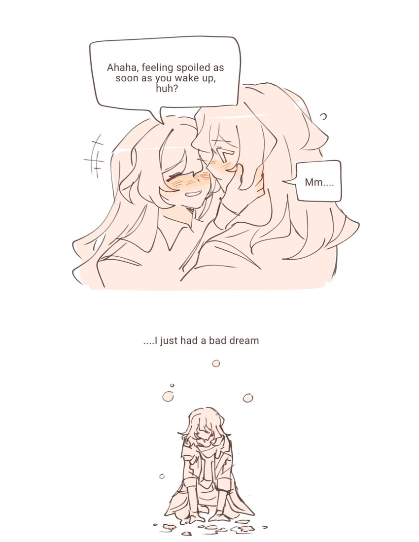 2girls, blush, broken_egg, closed_eyes, commentary, english_text, firefly_(honkai:_star_rail), hand_in_another's_hair