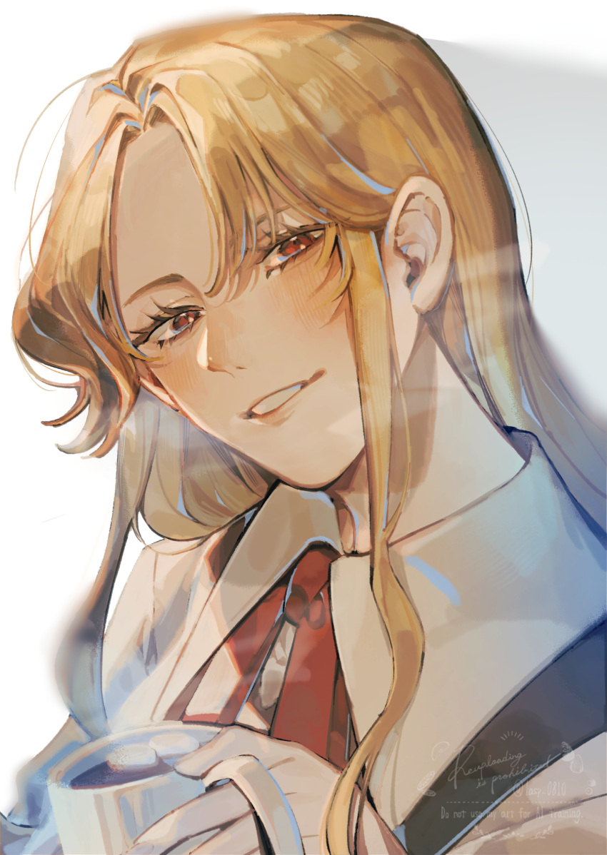 1girl, blonde_hair, brown_vest, coffee, coffee_mug, commentary_request, cup, dolls_in_pseudo_paradise