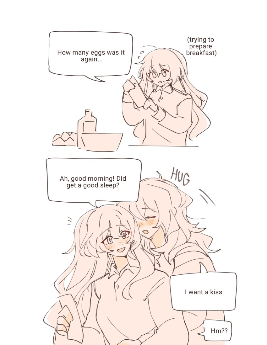 2girls, blush, collared_shirt, commentary, cooking, english_text, firefly_(honkai:_star_rail), flying_sweatdrops