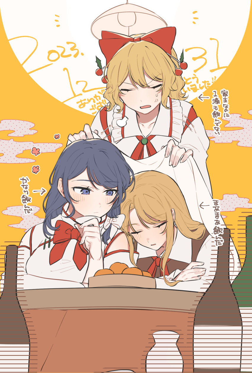 3girls, anger_vein, bare_shoulders, blonde_hair, blue_eyes, blue_hair, blush, bottle