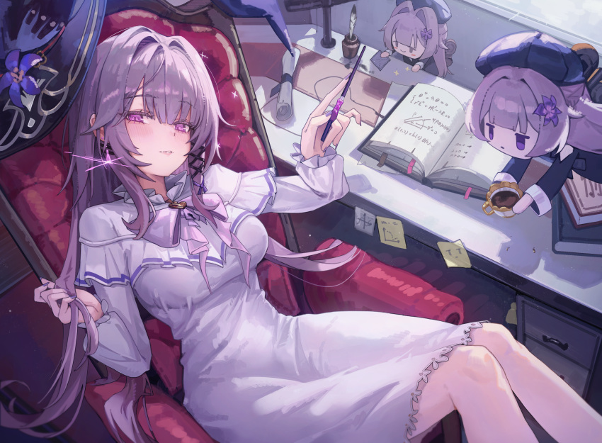 1girl, absurdres, armchair, black_hat, book, breasts, chair, commentary_request