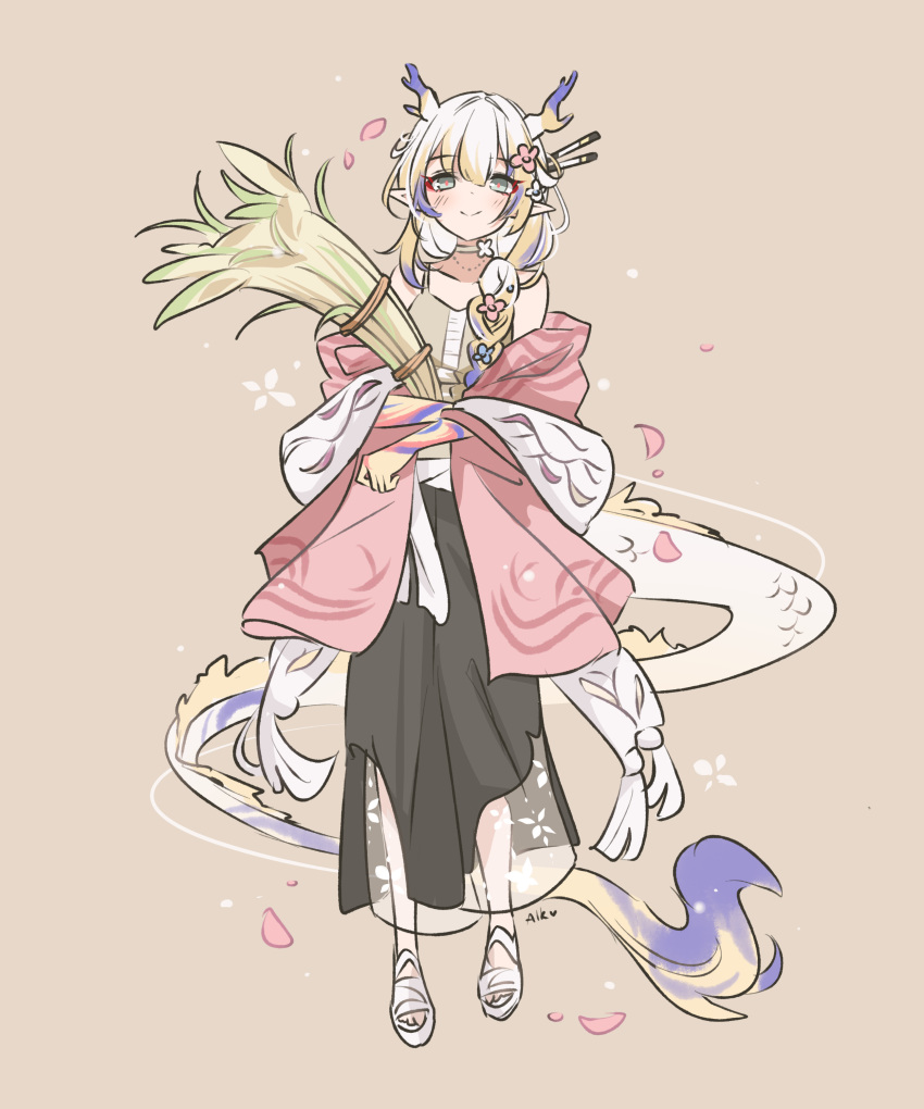 1girl, absurdres, alkaru, arknights, black_skirt, braid, brown_background, brown_shirt, colored_skin, commentary, dragon_girl, dragon_horns, dragon_tail, english_commentary, eyeshadow, full_body, grey_eyes, highres, holding_wheat, horns, looking_at_viewer, makeup, official_alternate_costume, petals, pink_shawl, pointy_ears, red_eyeshadow, shawl, shirt, shu_(arknights), shu_(spring_feast)_(arknights), simple_background, skirt, smile, solo, spaghetti_strap, tail, yellow_skin