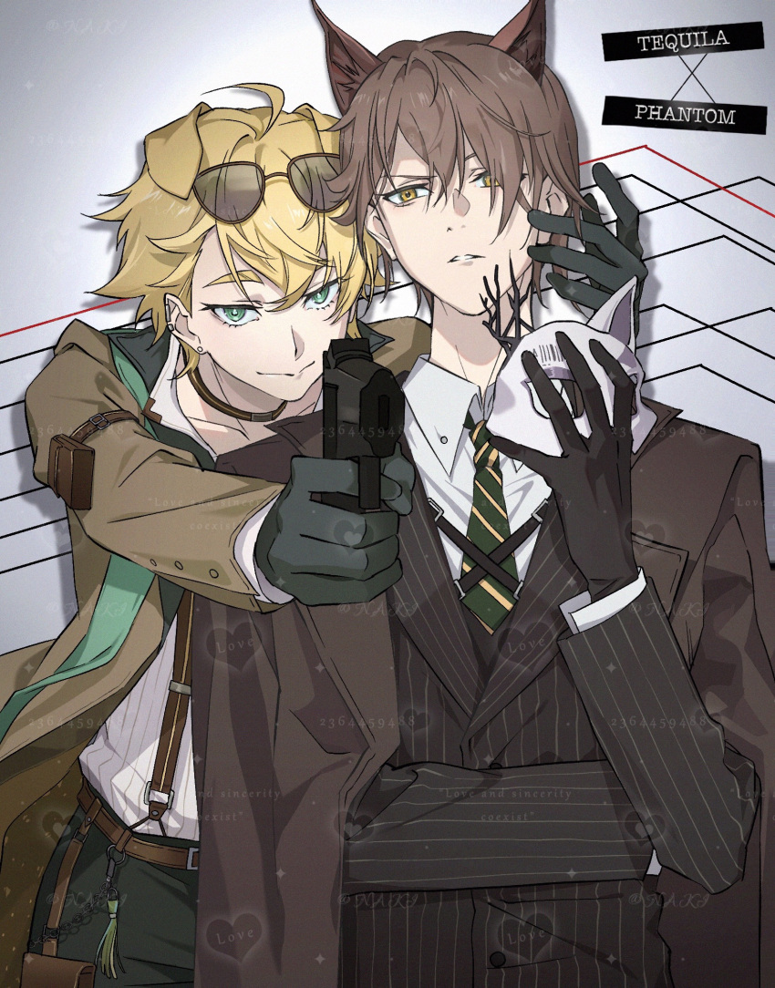 2boys, ahoge, ambience_synesthesia, animal_ears, arknights, arm_strap, belt, black_belt