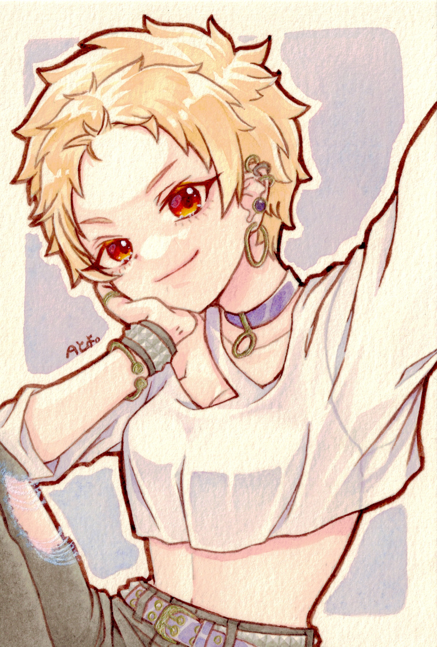 1girl, absurdres, belt, blonde_hair, border, bracelet, choker, closed_mouth