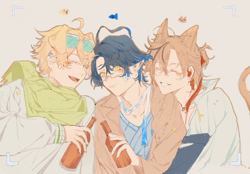 3boys, :3, ahoge, animal_ears, arknights, bandaged_arm, bandages, black_bandages