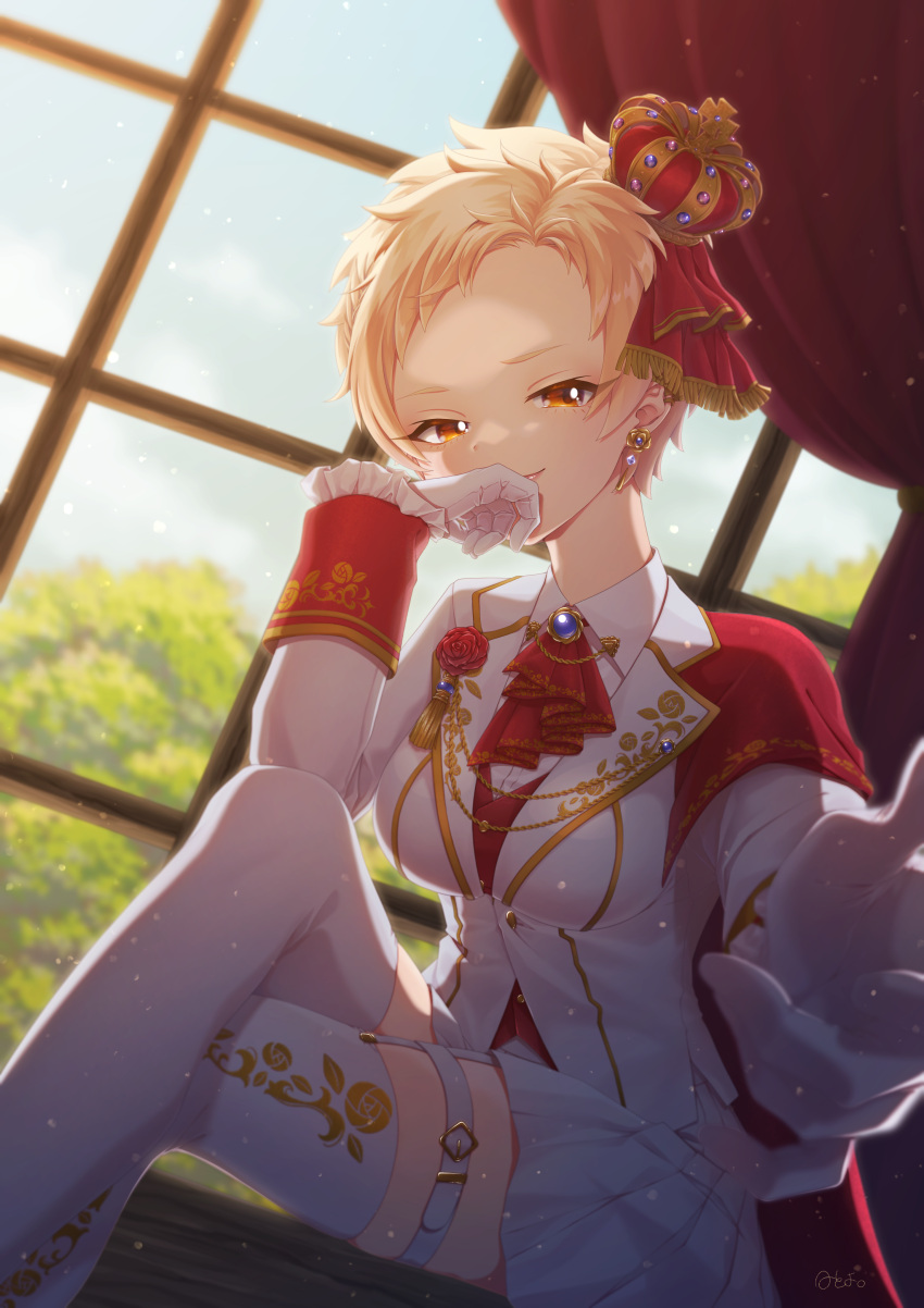 absurdres, blonde_hair, blue_sky, closed_mouth, commentary_request, crown, curtains, day