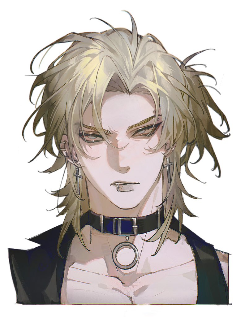 1boy, black_collar, blonde_hair, blue_eyes, collar, collarbone, cross, cross_earrings